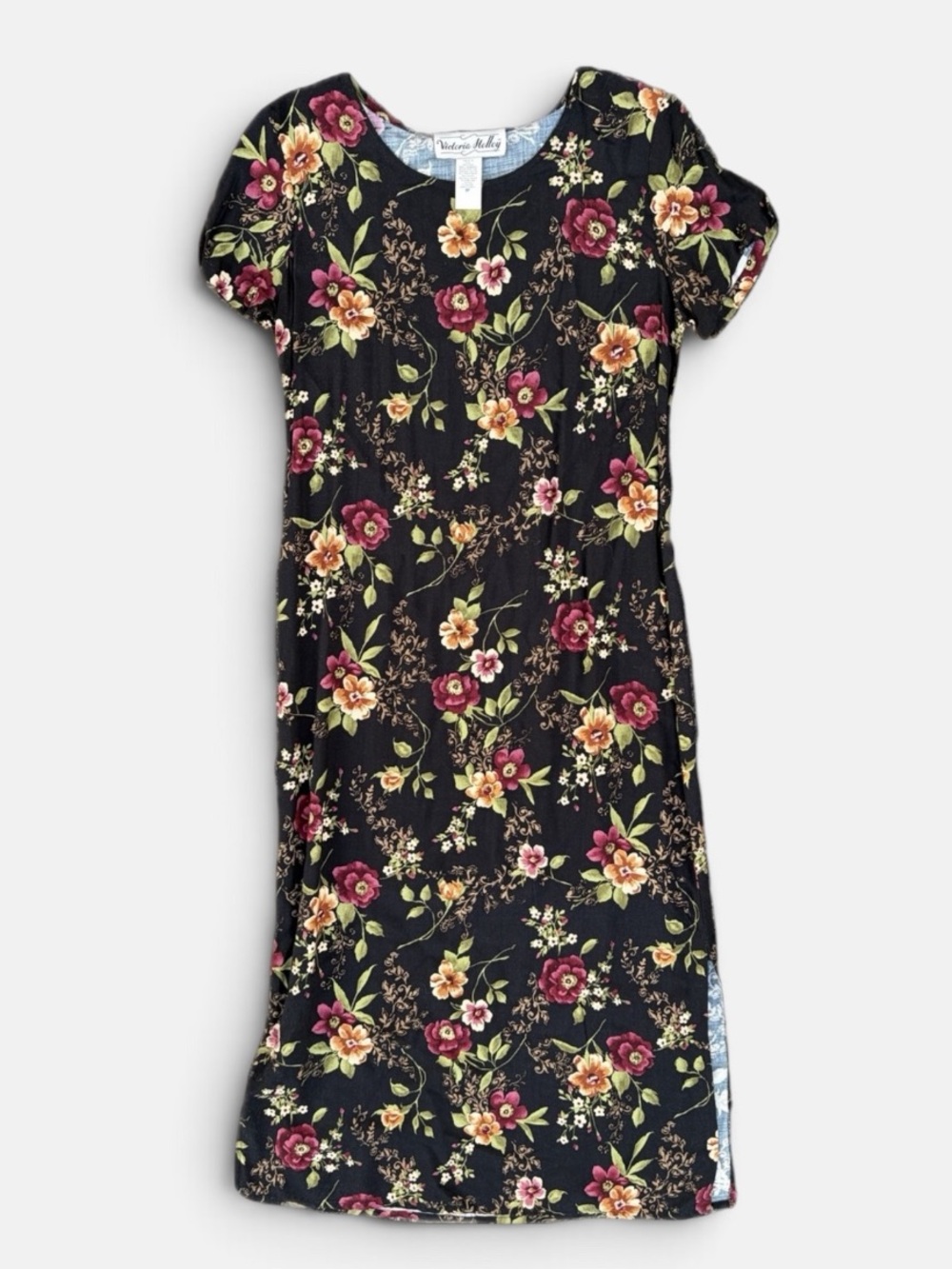 VINTAGE Victoria Holley 8P Floral Maxi Dress Black Rayon Cottage core